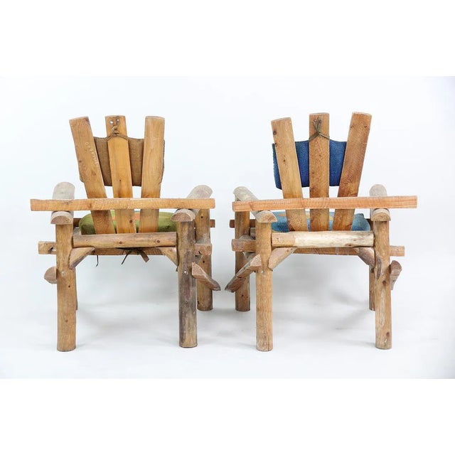 Primitive Adirondack Captain's Chairs - Pair With Woven Geometric Cushions For Sale In Providence - Image 6 of 11