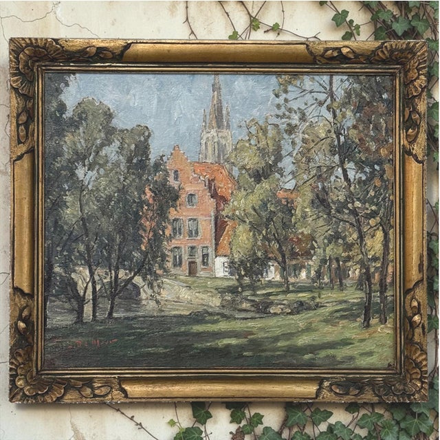 Post Impressionist Antique Framed Oil Painting on Canvas Signed DeMeer ~ 'View of Bruges' For Sale - Image 3 of 15
