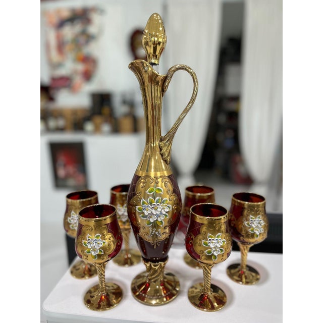 Beautiful Set of Enameled Stemware From Murano Including 6 Wineglasses and Decanter For Sale In Naples, FL - Image 6 of 8