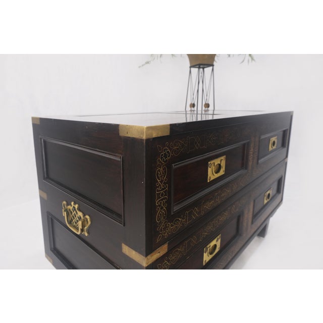 Campaign Style Ebonized Mahogany Brass Inlay Two Drawers Small Dresser Chest For Sale - Image 4 of 12