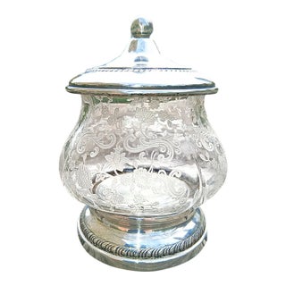 1930s Art Deco Floral Etched Glass Candy Honey Jar With Sterling Silver Lid & Base For Sale