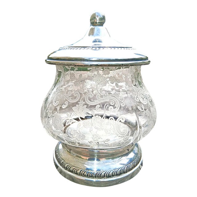 1930s Art Deco Floral Etched Glass Candy Honey Jar With Sterling Silver Lid & Base For Sale