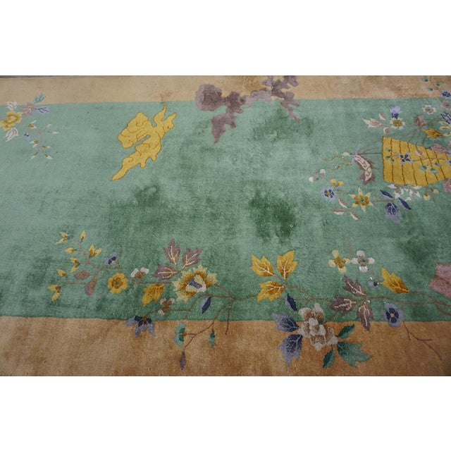 Celadon 1920s Green Celadon Floral Scene Chinese Art Deco Carpet 4'5'' X 11'9'' Knotted Wool Rug For Sale - Image 8 of 11