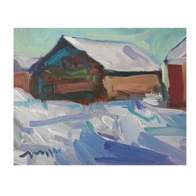 2010s Contemporary Rustic Oil of a Cabin “Snowed In”, Vintage Frame For Sale - Image 5 of 12