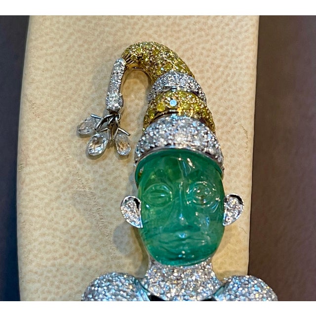 GIA Certified Russian Emerald & Burma Sapphire White & Yellow Diamond Joker Pin For Sale In New York - Image 6 of 18