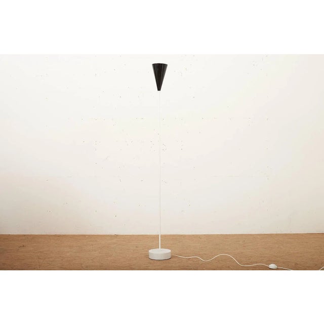 White Painted Steel Tube Floor Lamp with White Marble Base and Black Sheet Metal Shade For Sale - Image 12 of 12