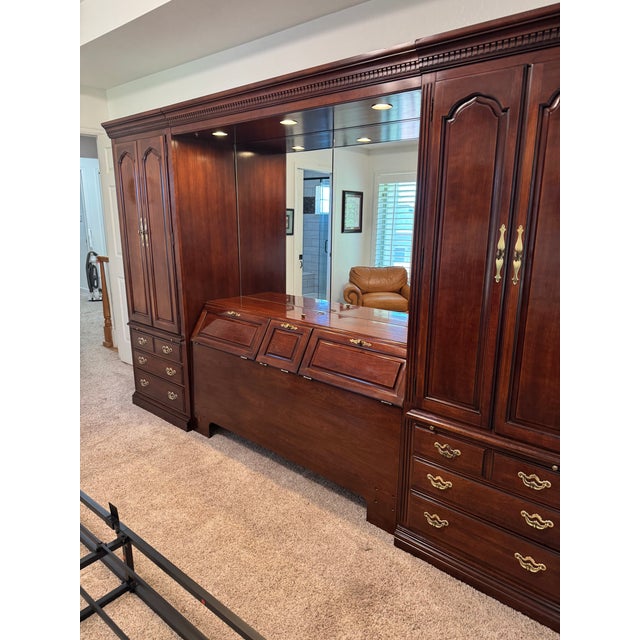 Vintage Thomasville Illuminated Cherry Queen Bed Unit- Headboard, Bridge, Nightstand Armoires, & Mirror For Sale - Image 13 of 18