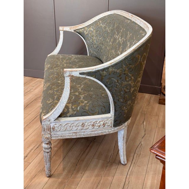 Wood 19th Century Swedish Gustavian Painted Settee With Fortuny Upholstery For Sale - Image 7 of 9