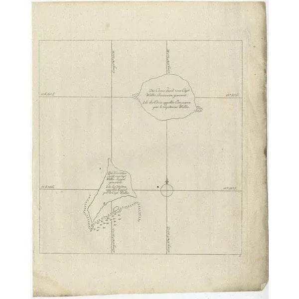Antique map titled 'Die Cocos Insel vom Capt. Wallis Bosawren. Die Verrather Islel von Capt. Wallis Keppel Genannt'. Also...