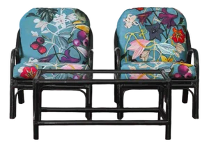 Living Room Set in Black Lacquered Bamboo with Dedar Fabric Cushions, 1970, Set of 4