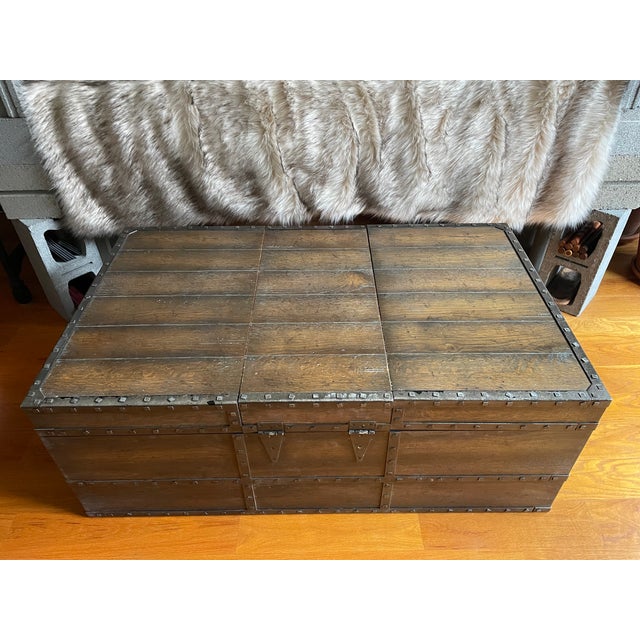 2010s Horchow Rustic Mocha Oak Trunk Coffee Table For Sale - Image 5 of 13