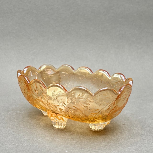 1950s Vintage Jeannette Glass “Floragold Louisa” Marigold Carnival Glass Footed Candy Dish For Sale - Image 5 of 8
