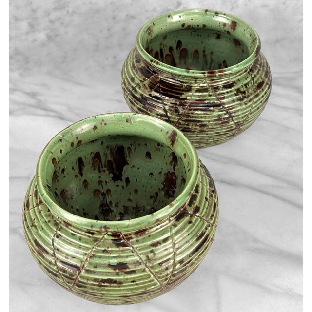 Mid 20th Century Mid-Century 7" Atomic Green & Black Studio Pottery Vases - A Pair For Sale - Image 5 of 7