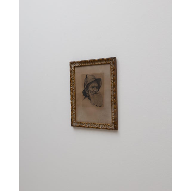 Wood 1920s Belgian Passe-partout Man Portrait With Gilded Wooden Frame For Sale - Image 7 of 18