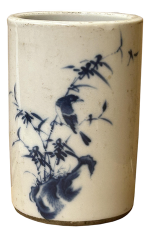 Chinese Distressed White Porcelain Blue Flower Bird Graphic Holder Vase