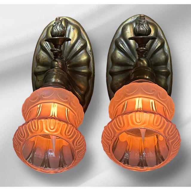 Art Deco 1900s Brass Beardslee Sconces With Violet Shades - a Pair For Sale - Image 3 of 14