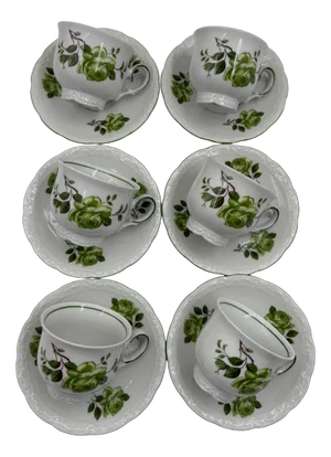 Mocha Set in Green Rose Decor from Mitterteich Bavaria, 1980s, Set of 12