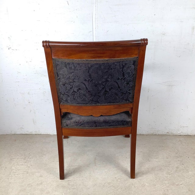 Traditional Antique Empire Style Mahogany Armchair With Black Damask Upholstery For Sale - Image 3 of 12