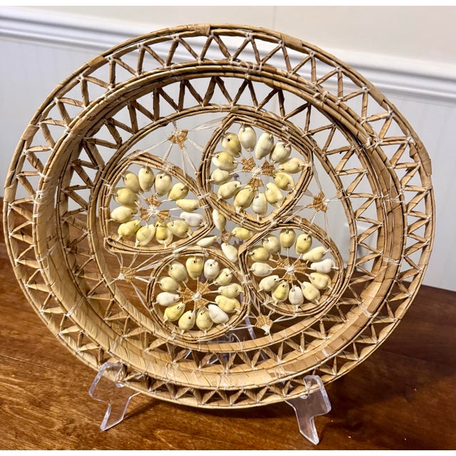 Boho Chic Late 20th Century Hand Woven Cowrie Shell Wall Hanging and Lidded Basket With Handle For Sale - Image 3 of 12