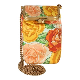 Orange Multicolor Floral Satin Small Charniere Chain Bag For Sale