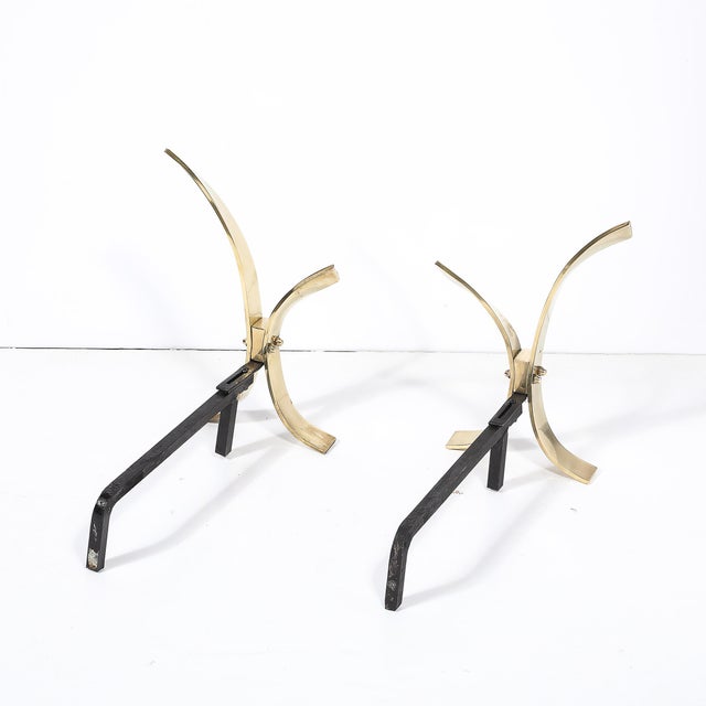 Metal Pair of Mid-Century Modernist Andirons in Polished Brass by Donald Deskey For Sale - Image 7 of 10