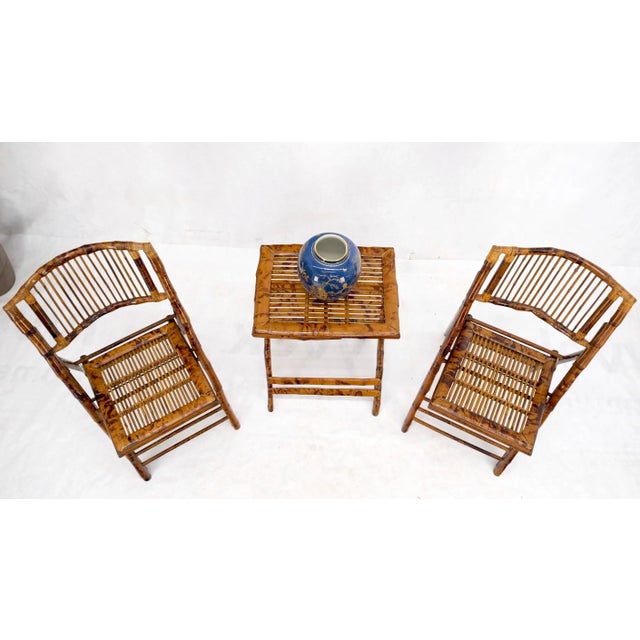 Wood Burnt Bamboo Vintage Folding Cafe Occasional Table w/ Two Matching Chairs Set - 3 Pieces For Sale - Image 7 of 13