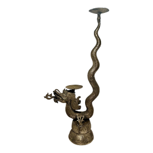 Vintage Chinese Cast Metal Candle Stake Dragon Shape 23"h Plus 2 Candles