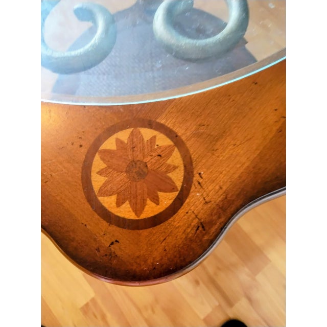 Antique Center Side Table—round, With Glass and Bronze Ornamentation, Coffee-Brown Color. For Sale - Image 4 of 6