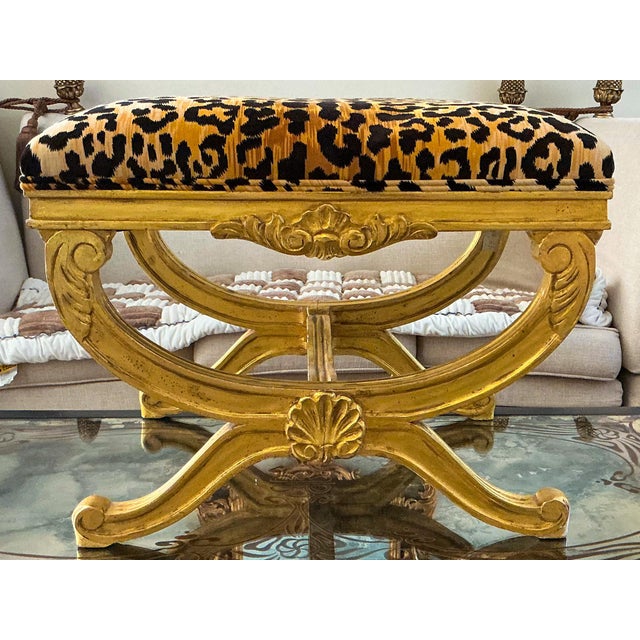 Mid-Century Italian Neo-Classical Style Giltwood & Leopard Velvet X-Base Ottomans - Pair For Sale In Atlanta - Image 6 of 9
