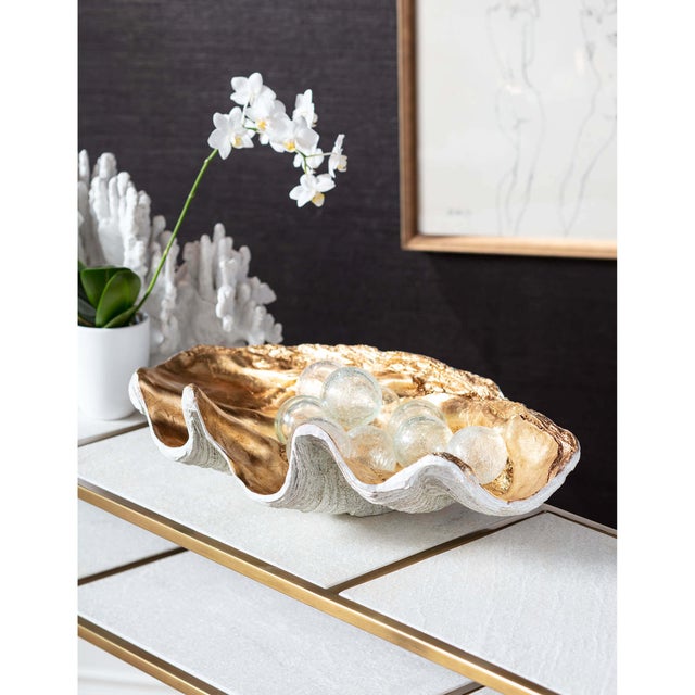 A large clam shell with gold interior works as a decorative bowl with beachy charm. Position on an entryway table or...