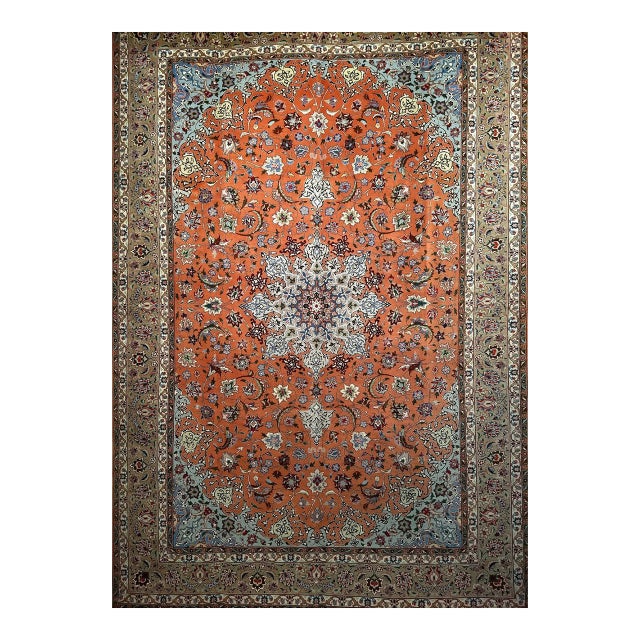 Persian Tabriz Rug, Hand-Knotted Wool & Silk, Fine Floral Pattern, Terracotta & Blue, 7x10 For Sale