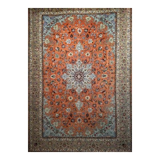 Tabriz Rug, Hand-Knotted Wool & Silk, Fine Floral Pattern, Terracotta & Blue, 7x10 For Sale