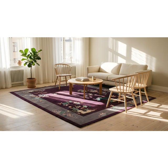 1920s Purple Gray Floral Handknotted Antique Chinese Art Deco Rug 8' X 10'10" Wool Carpet For Sale In New York - Image 6 of 8