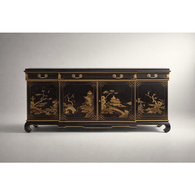 Chinoiserie 1984 Karges Furniture Hand-Painted Chinoiserie Lacquer Credenza With Asian Chow Legs For Sale - Image 3 of 18