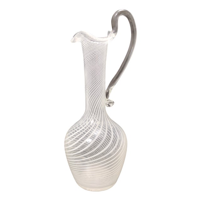 Vintage Murano Glass Pitcher Vase with White and Transparent Canes, 1950s For Sale