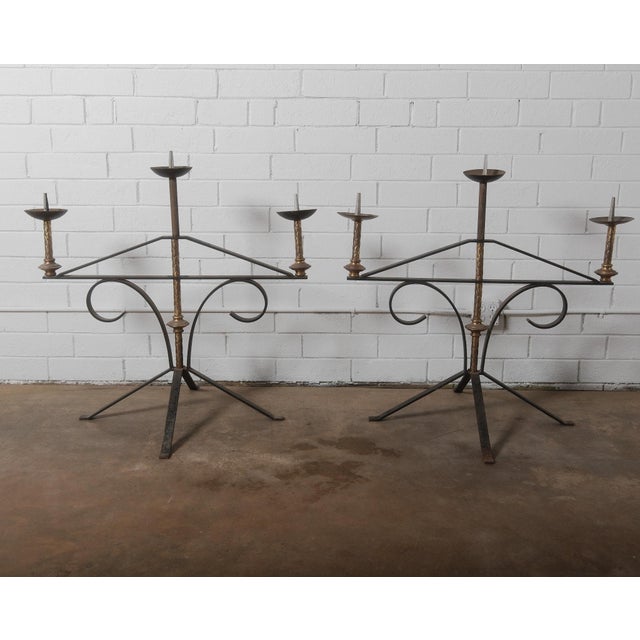Pair of Large Wrought Iron and Brass Church Candelabras For Sale - Image 9 of 10