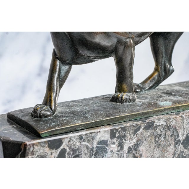 Commanding Art Deco Style Antique Bronze Panther Statue Sculpture Marble Base Luxury Home Decor For Sale In New York - Image 6 of 18