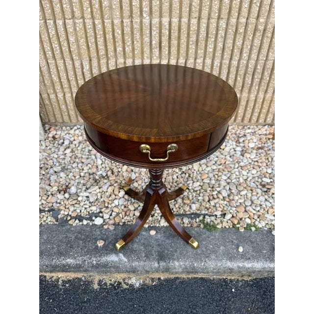Vintage Federal Style Inlaid Mahogany Pedestal Drum Side Table by Tradition Hoiuse For Sale - Image 11 of 15