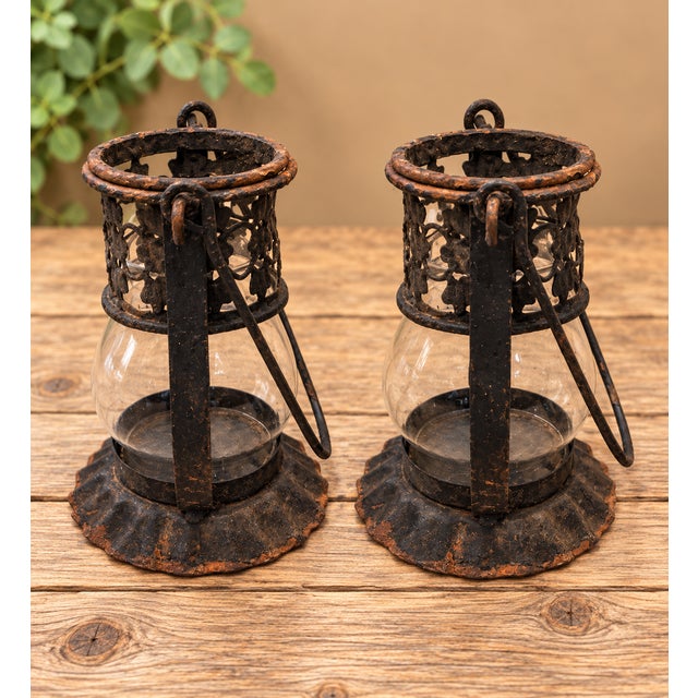 1920s Gothic Revival Pierced Metal and Glass Hanging Candle Lanterns, Pair For Sale - Image 6 of 10