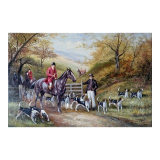 Mid-20th Century Signed H. Verdus - English Hunt Scene With Riders and Hounds, Oil on Canvas For Sale