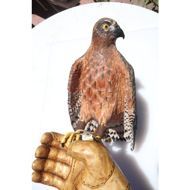 American Harrier Hawk & Gloved Handler 2003 – Carved Wooden Sculpture Signed Bradford King For Sale - Image 16 of 16