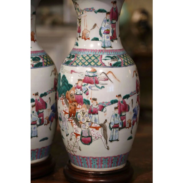 Pair of Mid-Century Chinese Famille Rose Porcelain Vases on Wood Bases For Sale - Image 11 of 12