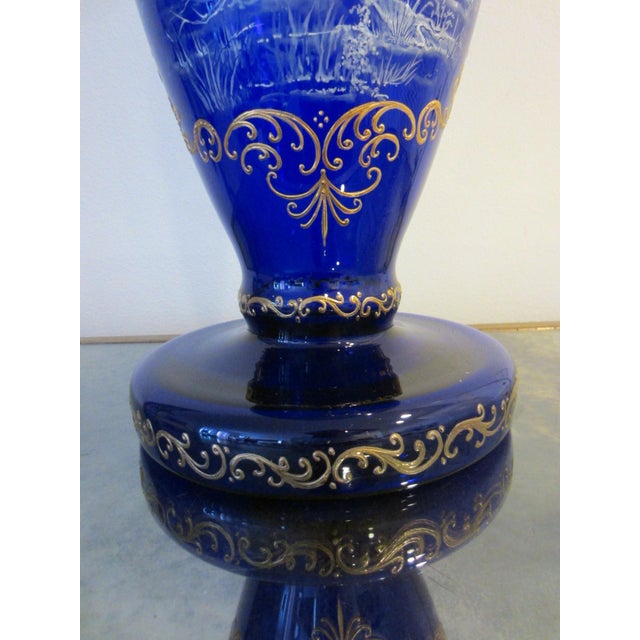 Late 20th Century 20th Century Snow Painted Cobalt Blue Glass Vase Gold Scrolled Relief Outdoor Scene For Sale - Image 5 of 9