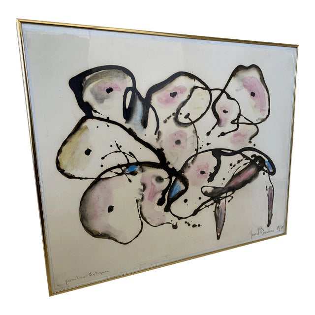 1971 Gerard Bouvier Framed Signed French Ink and Pastel Abstract Artwork For Sale