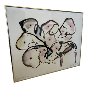 1971 Gerard Bouvier Framed Signed French Ink and Pastel Abstract Artwork