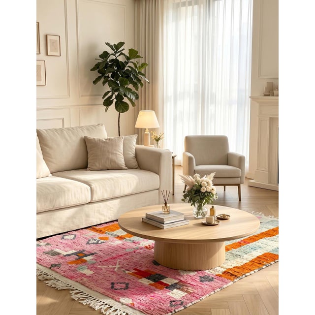 Modern Boujad Rug | Handwoven Wool Rug in Pink with Tribal Symbols & Striped Field This modern Boujad rug splits its...