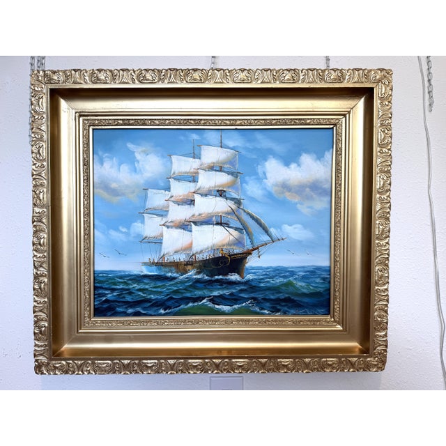 Impressionist Vintage Oil Painting Tall Ship Seascape Signed K. Dossi Maritime Marine Art For Sale - Image 3 of 11