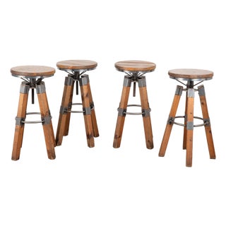 Set of Four 20th Century Pine and Metal Industrial Barstools For Sale