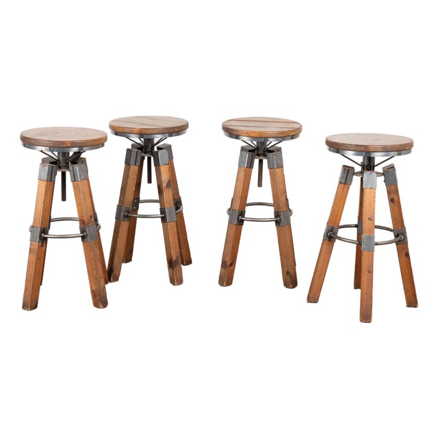 Set of Four 20th Century Pine and Metal Industrial Barstools For Sale