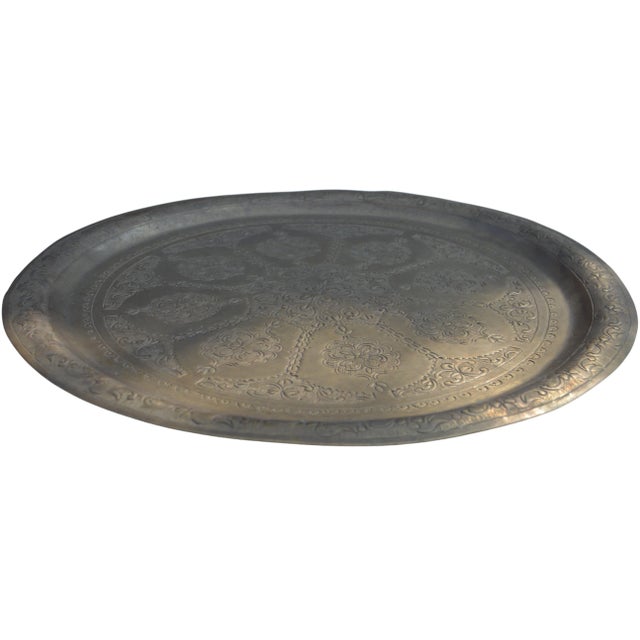 Metal Mid 20th Century Hand-Engraved Brass Tray with Moorish Arabesque Motif For Sale - Image 7 of 10